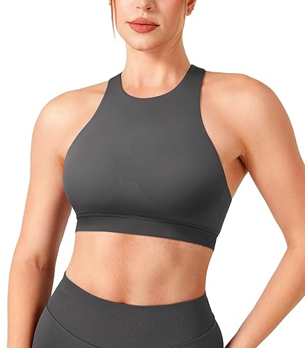 YEOREO Racerback Sports Bras for Women Padded Medium Impact Dafnien Seamless Yoga Workout Crop Tops - Grey Marble - Medium