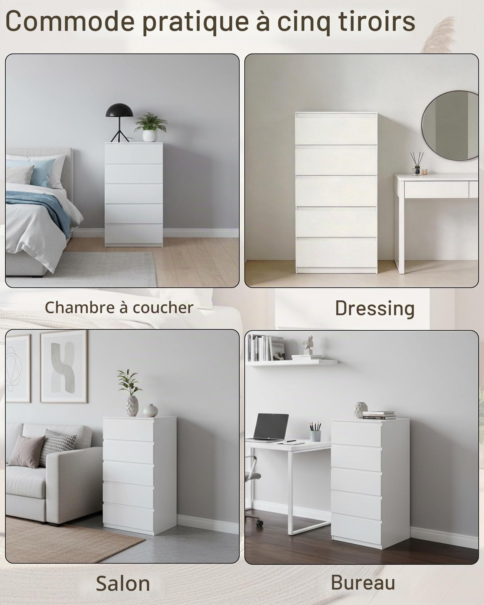 Commode Blanche 60 x 40 x 120 cm avec 5 tiroirs, Commode pour Chambre à Coucher, Couloir, Chambre à Coucher et Bureau | Commode et commode peu encombrante pour salon, couloir, bureau et armoire intérieure, organisateur de vêtements