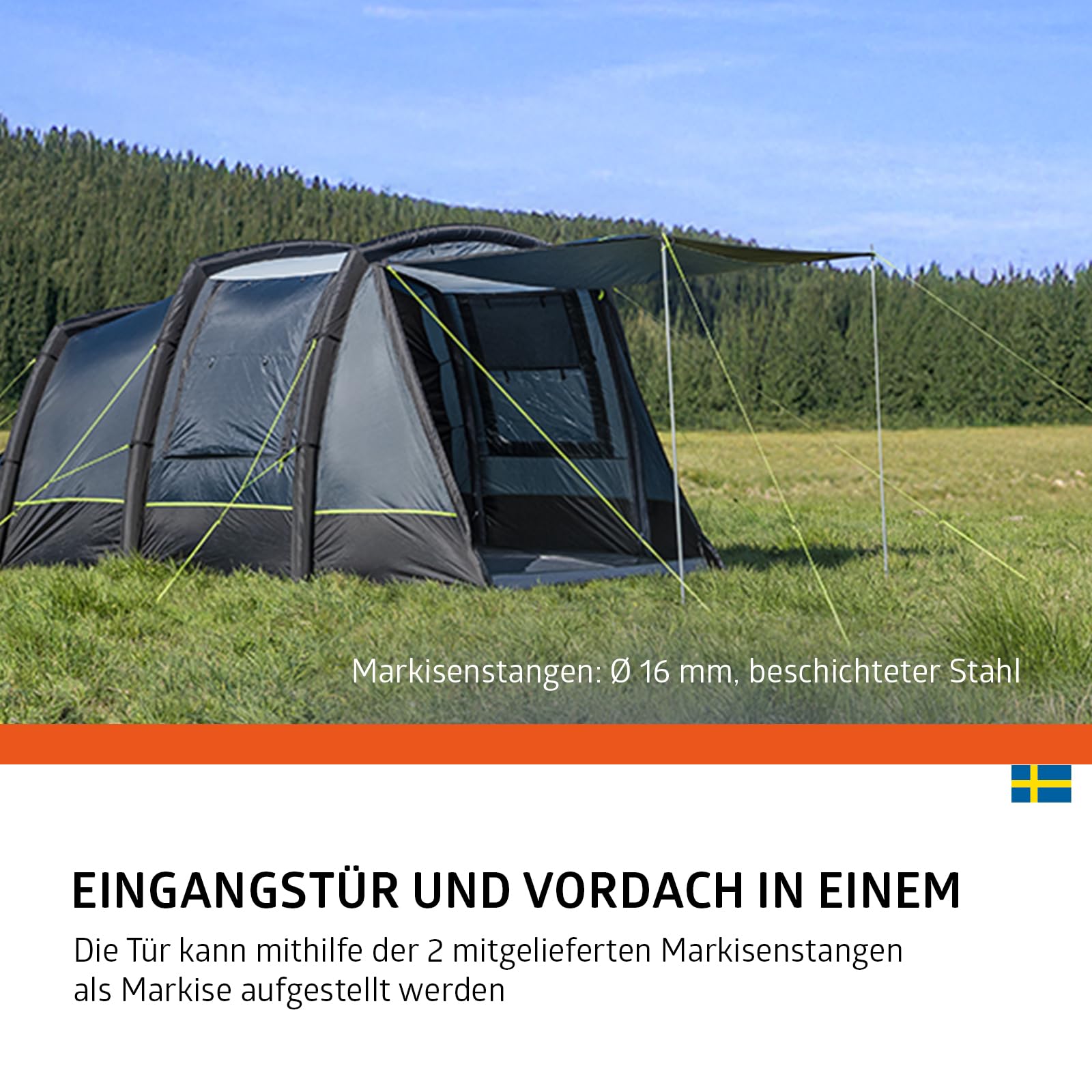Campout Aufblasbares Tunnelzelt 455 x 270 cm – 4-Personen-Familienzelt mit 2 Schlafbereichen – Inklusive Pumpe und Bodenplane – Schwarz