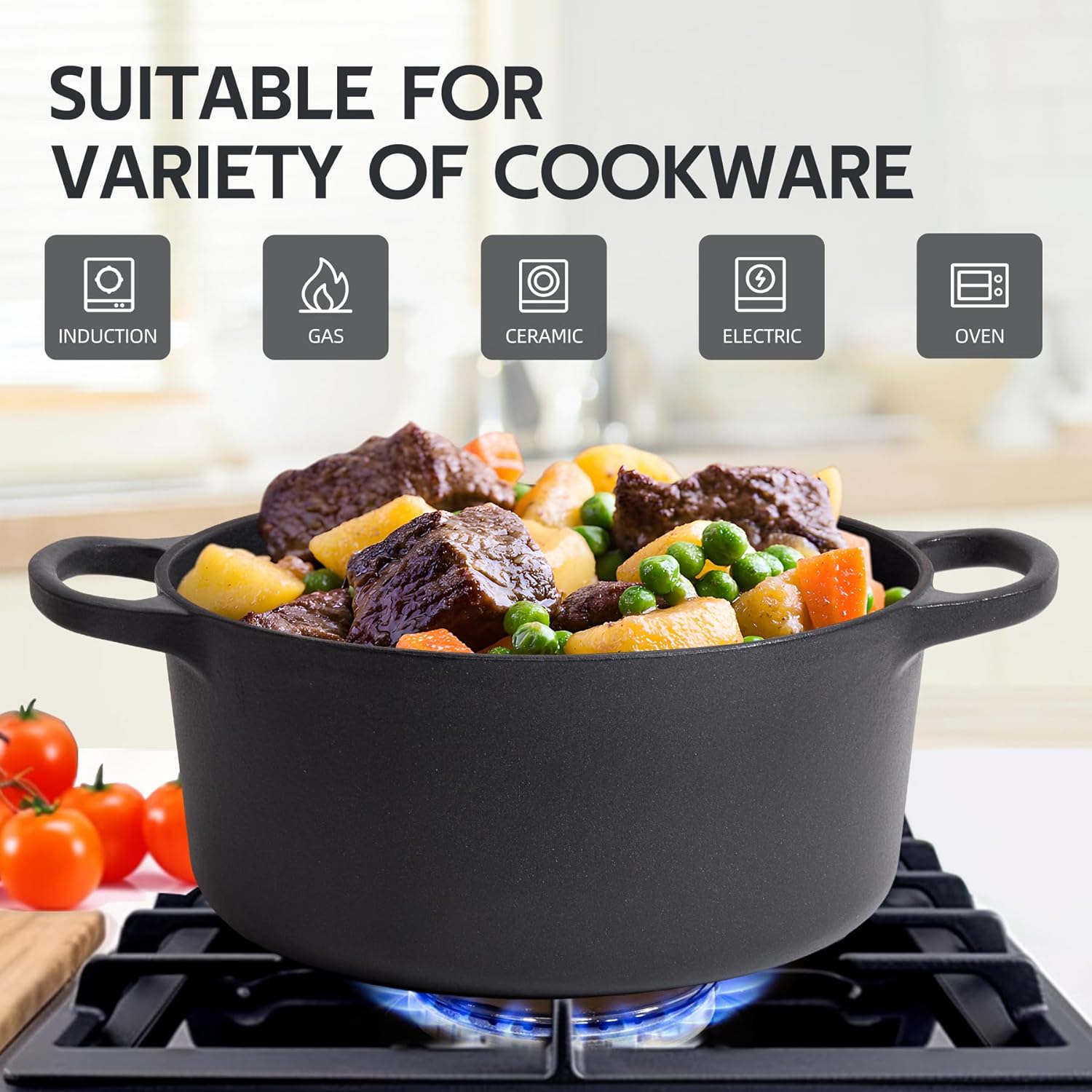 6 Quart Dutch Oven Enameled Cast Iron with Lid - Big Dual Handles - Oven Safe up to 500°F - Classic Round Pot for Versatile Cooking (Matte Black(No Enameled), 6 QT) - Image 3