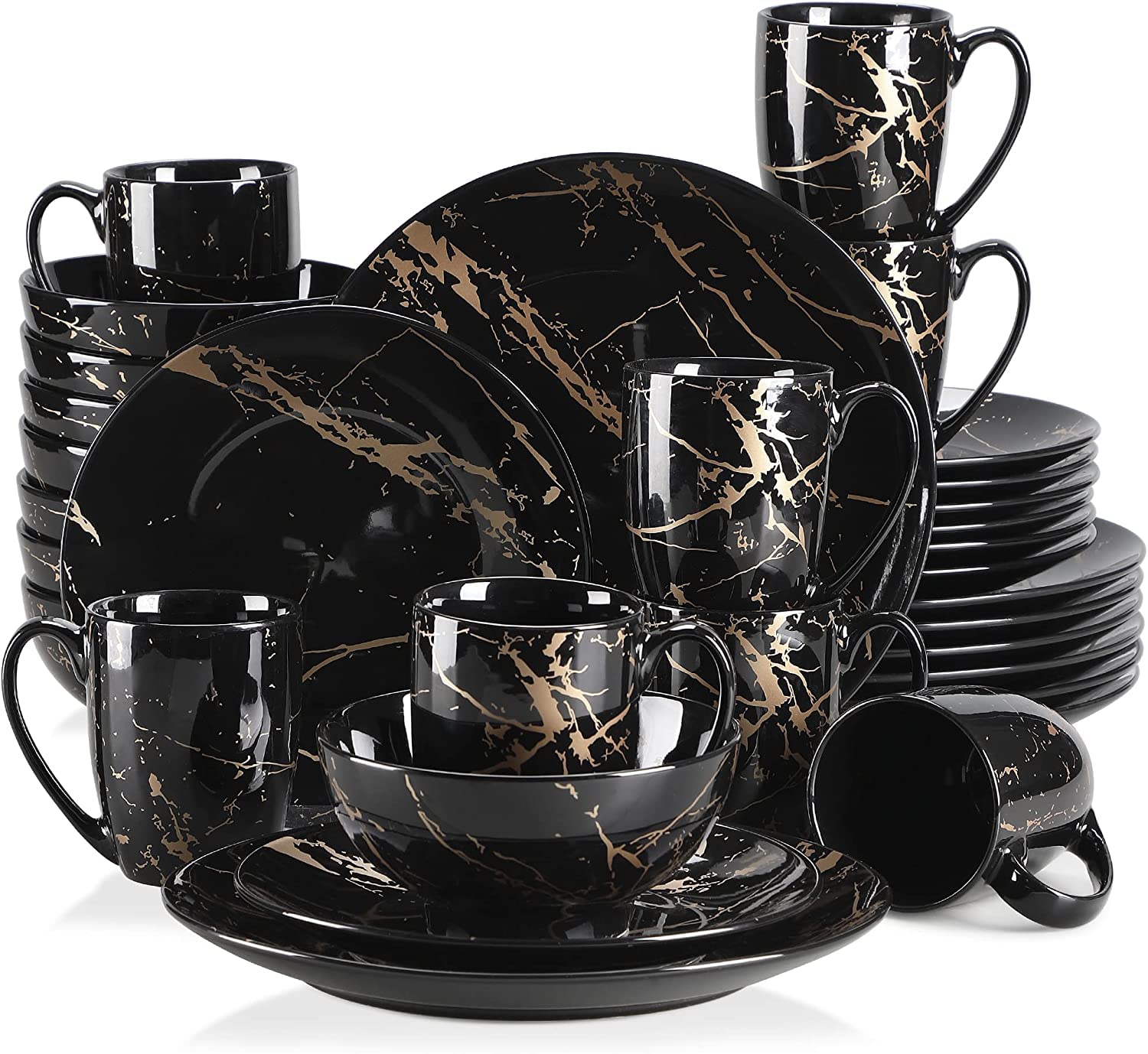 LOVECASA Daphne - Assiettes Service de Table Moderne, Vaisselle Complète pour 8 Personnes en Porcelaine, 32 Pièces (Assiettes Plates, à Dessert, Bols à Céréales, à Pâtes) - Design Noir & Doré