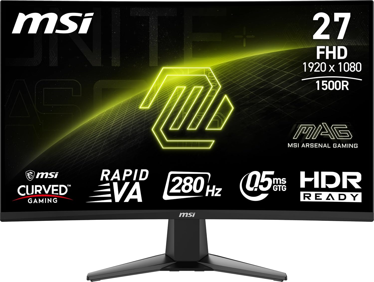 MAG 276CXF 27-inch 1920 x 1080 (FHD) Curved Monitor, 280Hz, AMD Adaptive Sync, HDMI, DisplayPort, VGA Port, VESA, Tilt, Speaker, 0.5ms, Black