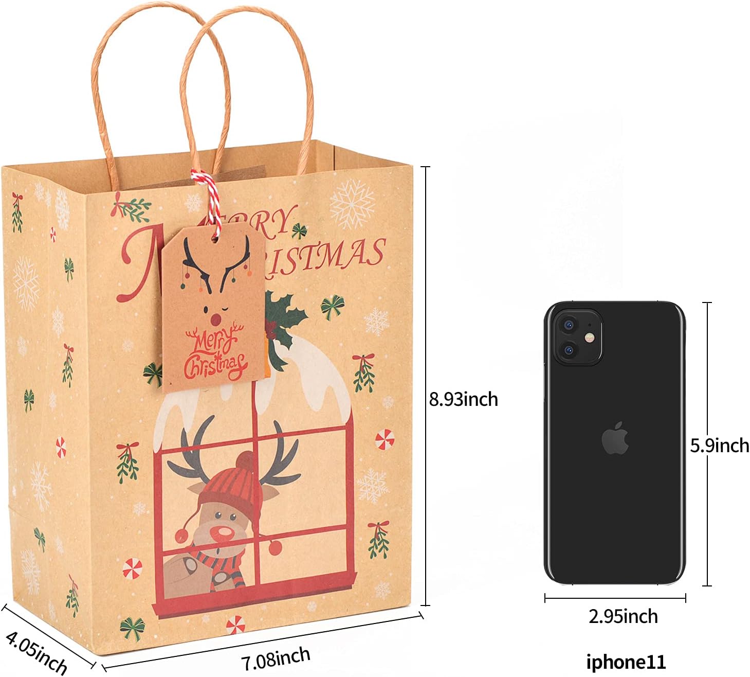 BTremary 24pcs Kraft Christmas Treat Gift Bags with Handles and Xmas Tags,Holiday Party Favor Gifts Bags,Goodies Paper Bags for Kids Xmas Gifts - Image 3