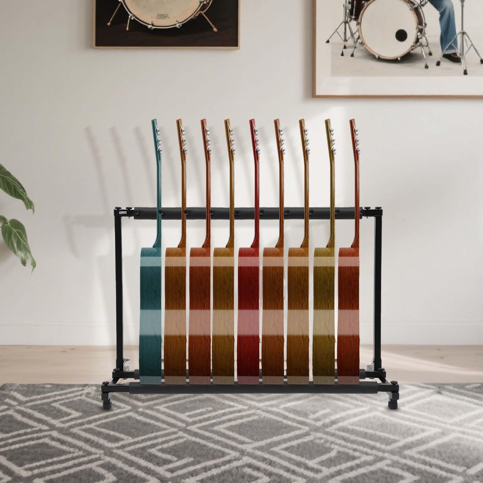 Gitarrenständer, 9-Fach Gitarren Display Stand Klappbar Metallgitarrenständer mit Schwammhülse, Bass Ständer Eignet für Die Lagerung und Ausstellung Von E-Gitarren
