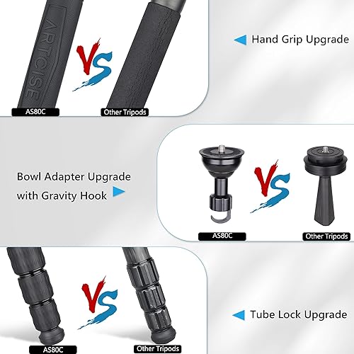 Miniatura 6 de Trípode de fibra de carbono con bolsa de piedra ARTCISE AS80C Trípode de video para cámara resistente de 10 capas, carga máxima de 45 libras (regalo