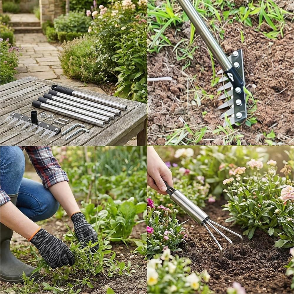 Râteau de Désherbage avec Manche Télescopique 185 cm,8 Dents Rateau Scarificateur en Acier Robuste,Râteau de Désherbage Multifonction en Métal,pour Le Jardin,Le Désherbage,Le Travail du Sol,Le semis