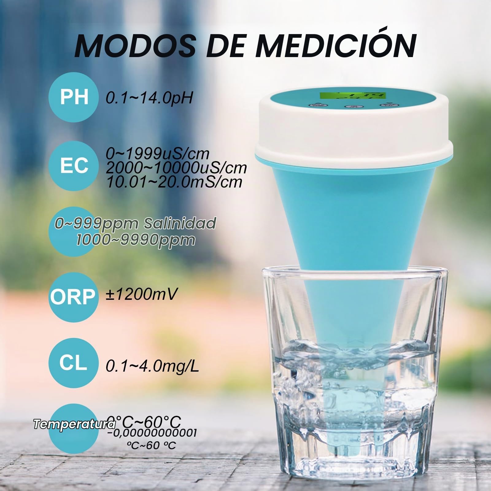 Bluetooth Piscina Agua Ensayador 6 en 1 Medidor de EC/Salinidad/pH/ORP/Temperatura/Cloro Metro, Inalámbrico Flotante Elegante Piscina Monitor Agua Ensayador para Piscinas, Jacuzzis y Spas de Natación