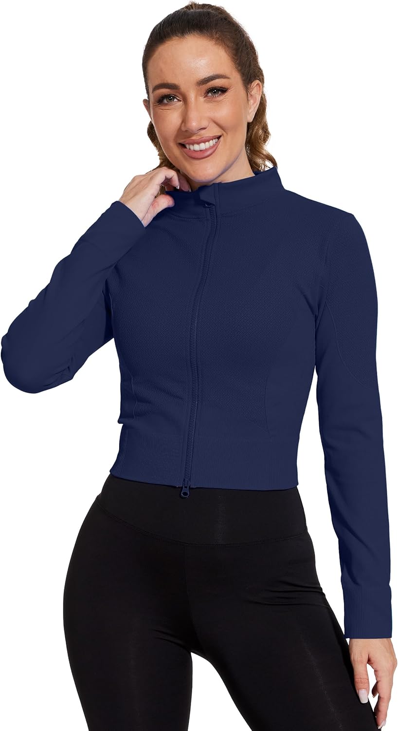MathCat Seamless Workout Jacket for Woman,Zip Up Long Sleeve Sweatshirts Copped Yoga Athletic Running Jackets Slim Fit - Image 2