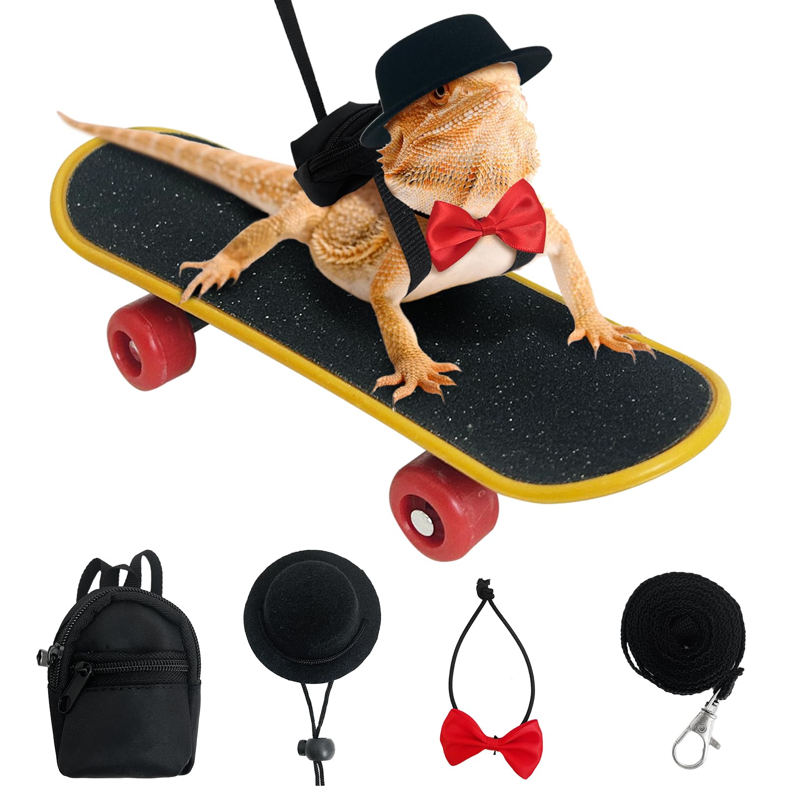 PINVNBY 5 Pack Bearded Dragon Leash and Harness Set Bearded Dragon Leash Backpack with Adjustable Hat &amp; Bow Tie Mini Skateboard Toy Reptile Accessories for Lizard Reptile Outdoor Adventures