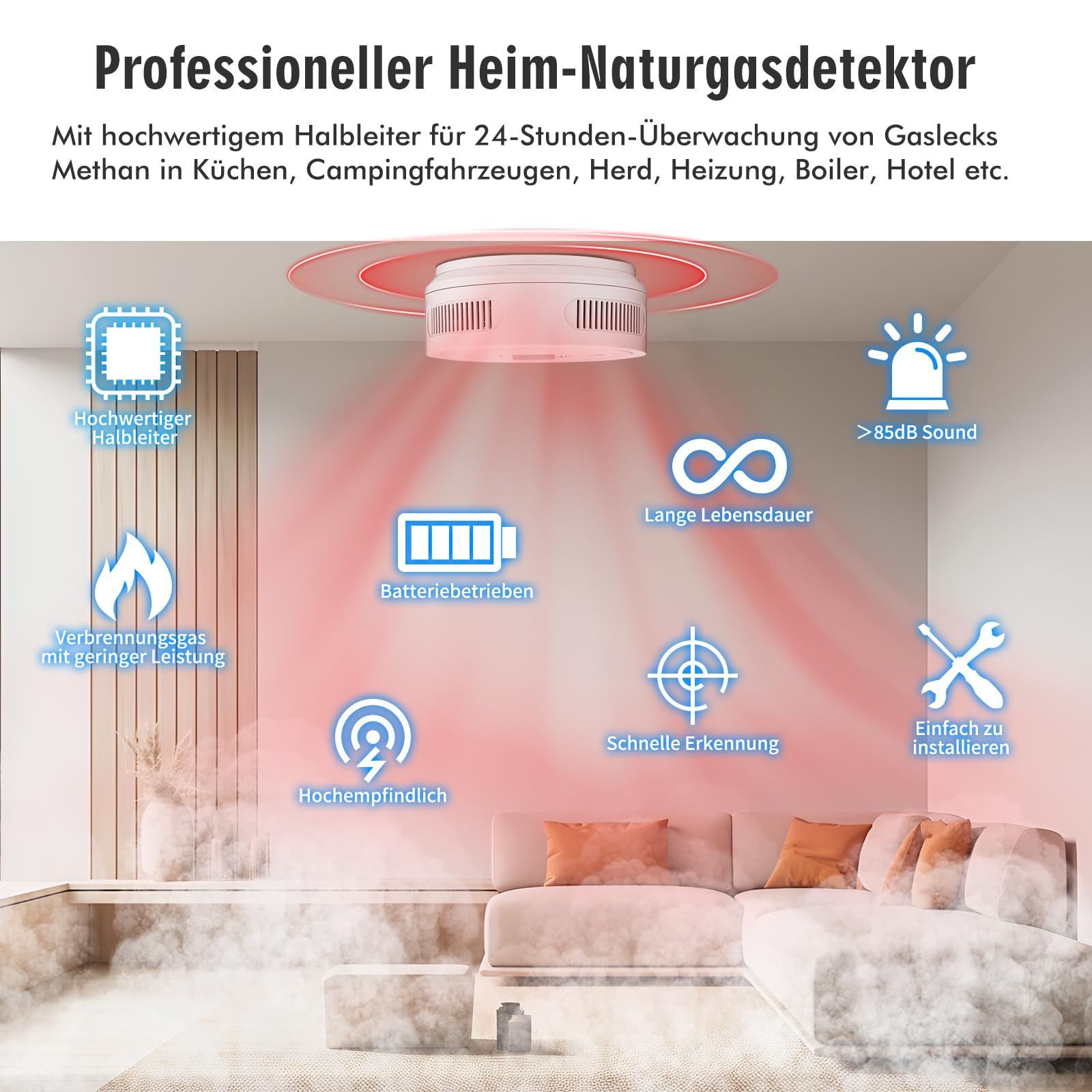 Gasmelder Erdgasdetektor CH4/Propan/Methan 100% Batteriebetrieben - Kombinierter Gasalarm mit Optischem & Akustischem Alarm - Gassensor für Sicherheit in Haushalt (Batterie enthalten)