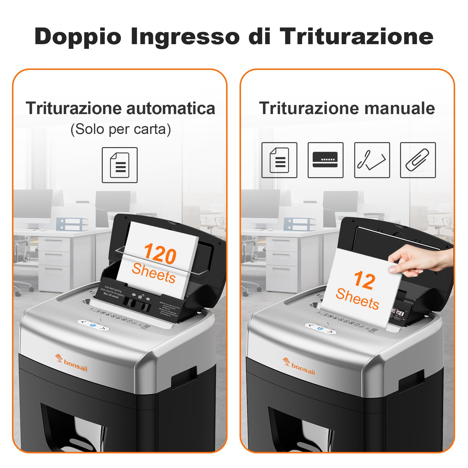 Bonsaii Distruggidocumenti da 120 fogli con alimentazione automatica, taglio a particelle P-4, estremamente silenzioso con 62 dB, contenitore da 23 litri e 4 ruote, trituratore a microtaglio