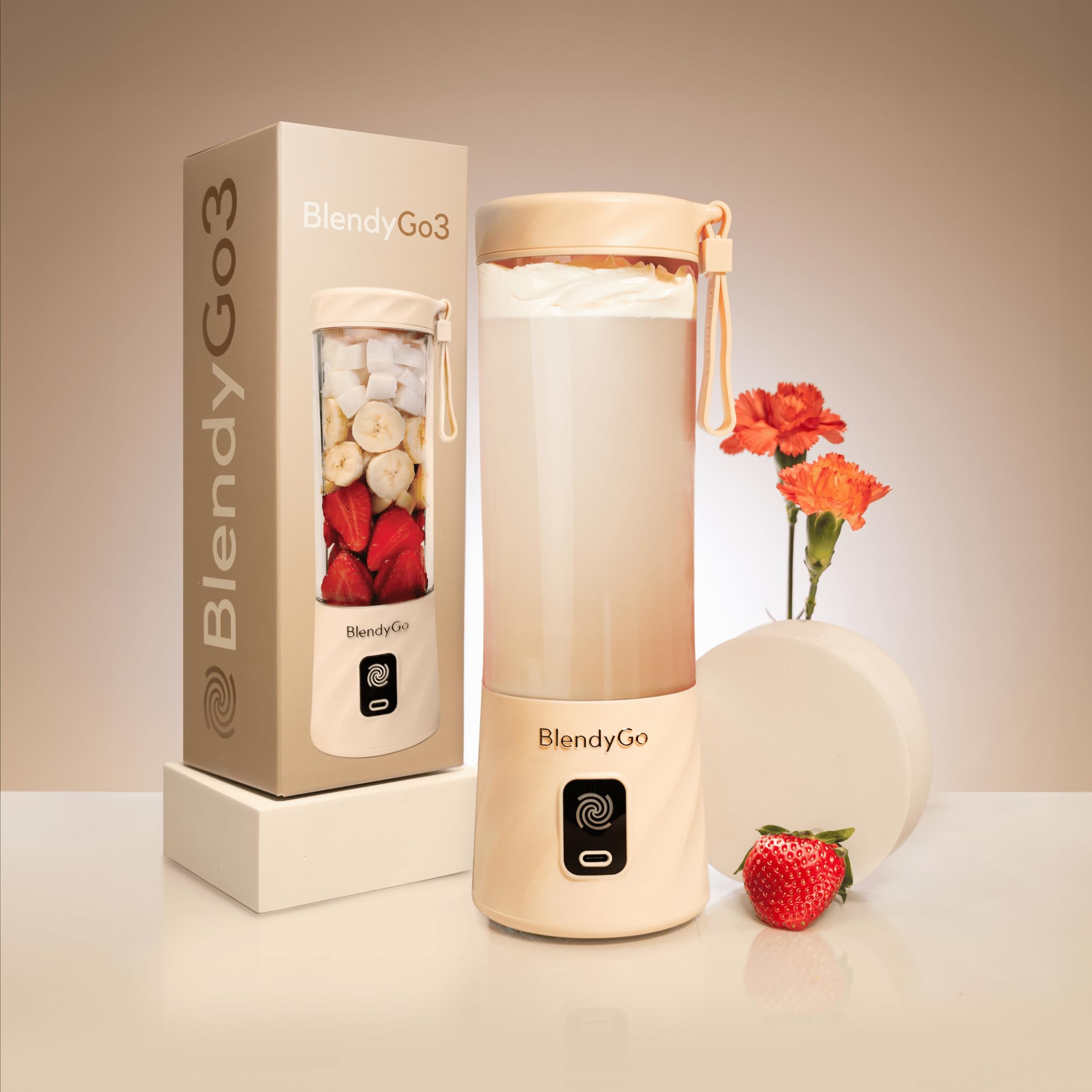BlendyGo 3 Tragbarer Mixer, Blender, Mini Standmixer, 550 ml, Smoothie maker, Mixer smoothie maker to go, kabellos, zerkleinert Eis und Obst, BPA-freie, PulseMotion & BlendPro (Beige)