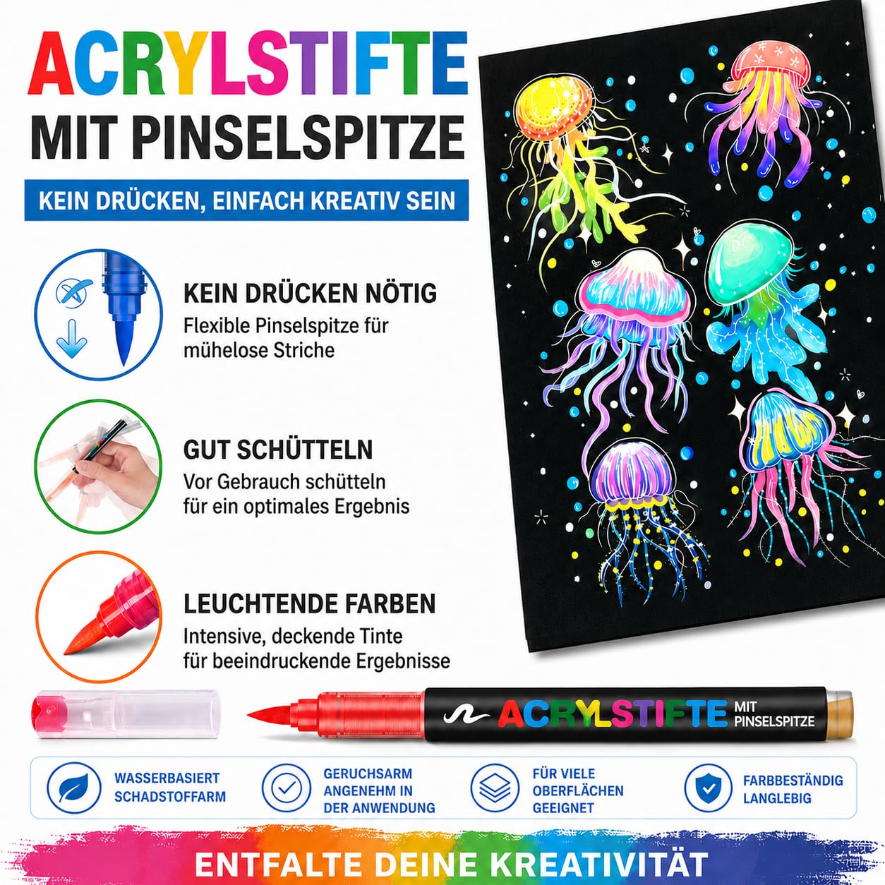 Melifluo 288 Acrylstifte Wasserfest – Acrylmarker mit Pinselspitze 1–6 mm & Direktfluss, Wischfest & Wetterfest – Acryl Stifte für Steine, Glas, Holz, Keramik, Stoff & Leinwand – Künstlerset