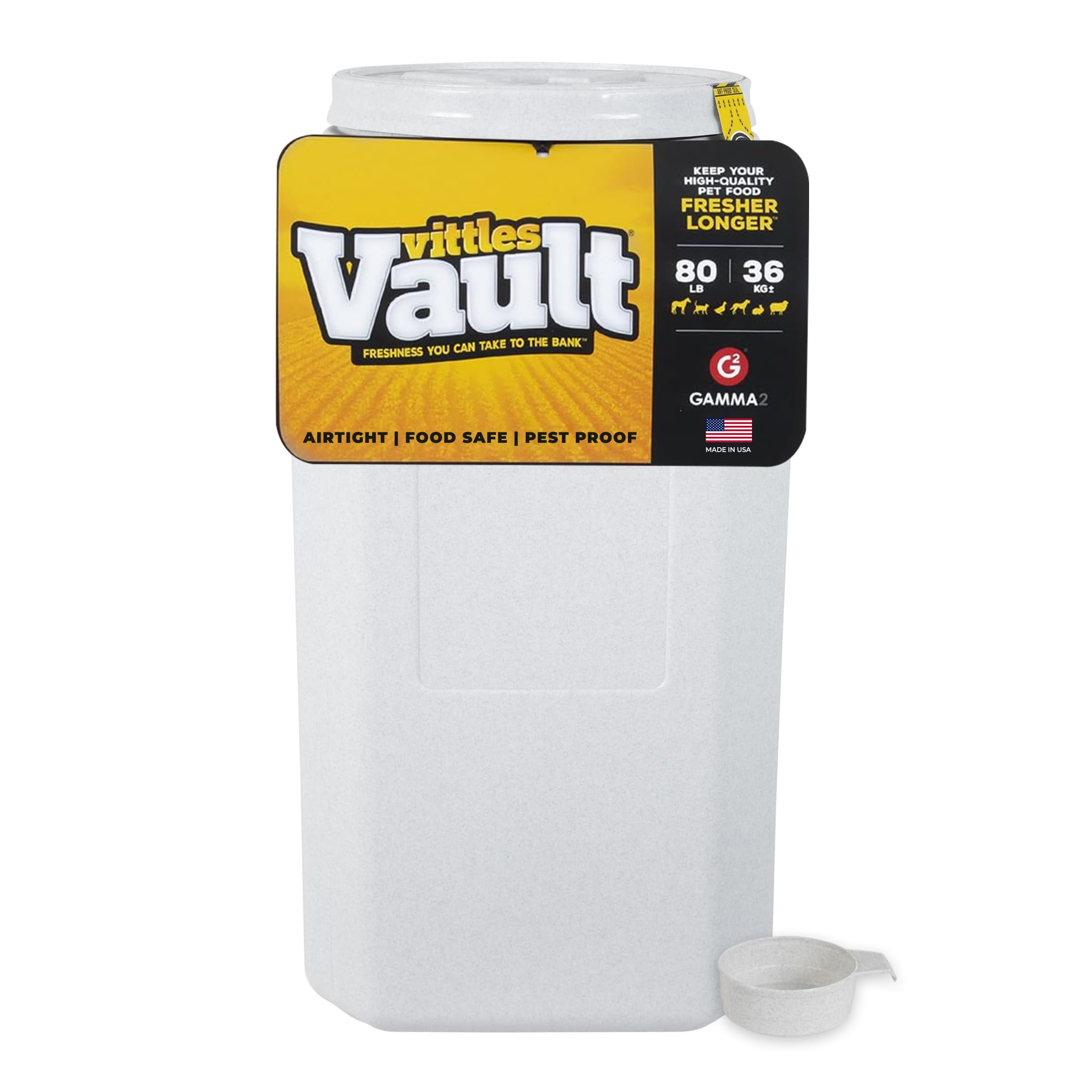 Vittles Vault Traditional Dog and Cat Food Container + Scoop, Gray, 80lbs