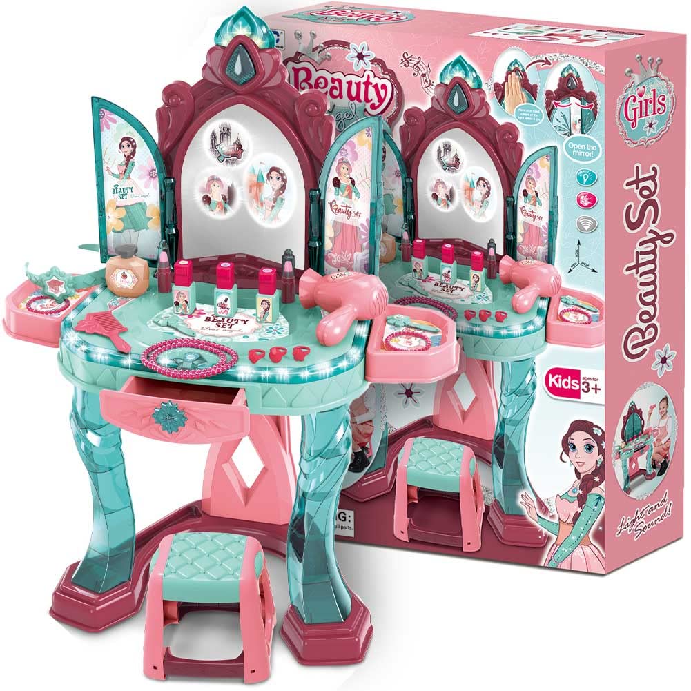 BAKAJI Specchiera Toeletta per Bambine con Sensore di Apertura Porte Set Bellezza Make Up Mobile con Sgabello e Accessori Realistici Gioco con Luci e Suoni con Cassetto Contenitore Sicuro Robusto