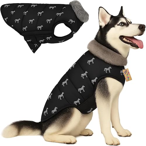 Western Era Dog Print Black Winter Coat with Fur Collar | Cold Weather Windproof Jacket | Soft Warm Padded Outfit with Leash Hole | Cozy Pet Clothing for Walks, Travel (5XLarge - 28inch)