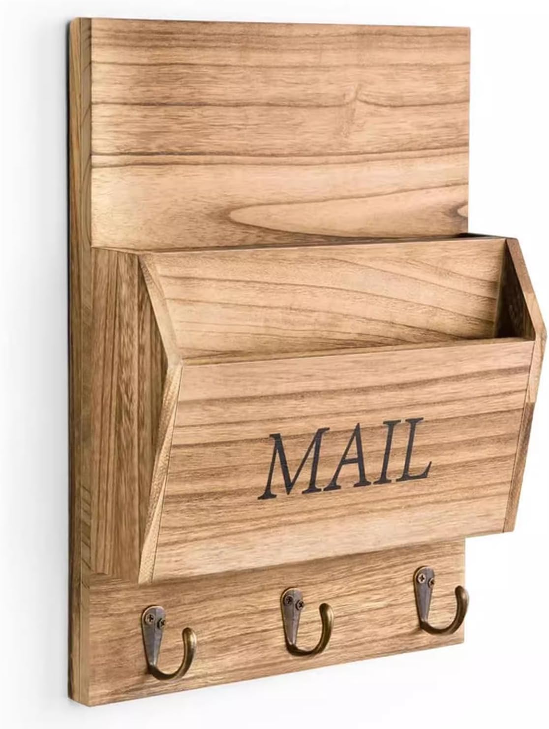 Rustic Wood Mail Organizer with Key Holder - Wall Mounted Vintage Mail Sorter & Entryway Organizer (3 hooks)