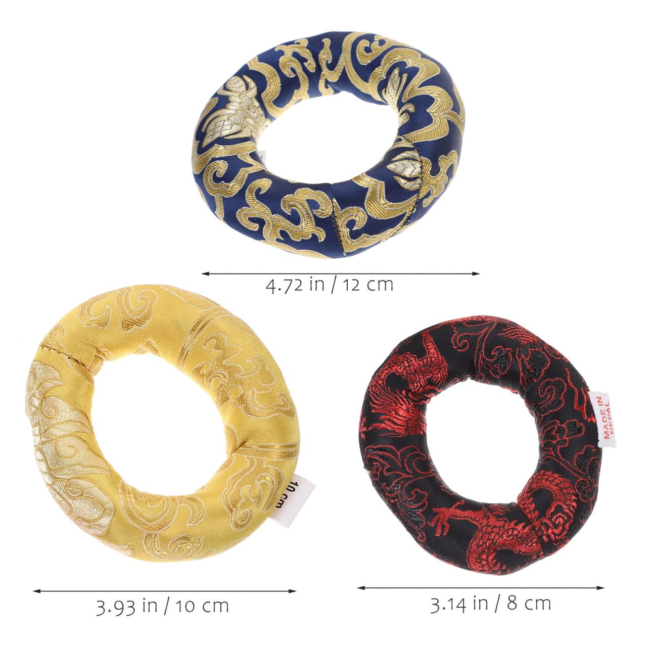 Klangschale Kissen, 3x Handgefertigte Pad für Klangschale aus Baumwolle mit traditionellen Mustern (8+10+12 cm) für Meditation & Yoga - Farben zufällig