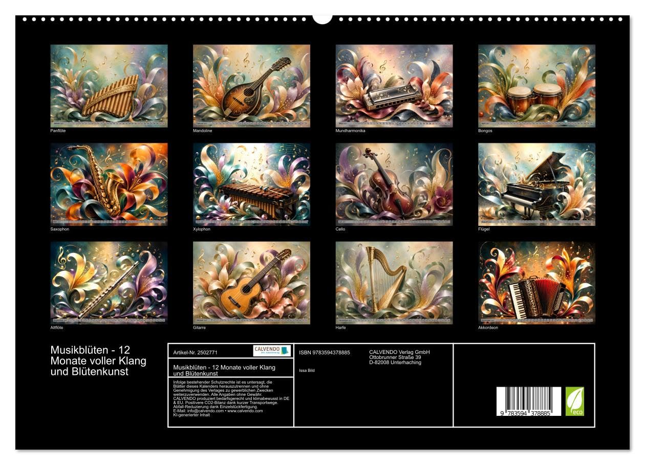 CALVENDO · Musikblüten - 12 Monate voller Klang (Kalender 2027) | DIN A2 Querformat · Premium-Wandkalender · Blütenkunst · Musikinstrumente, eingebettet in dekorative Fantasieblüten