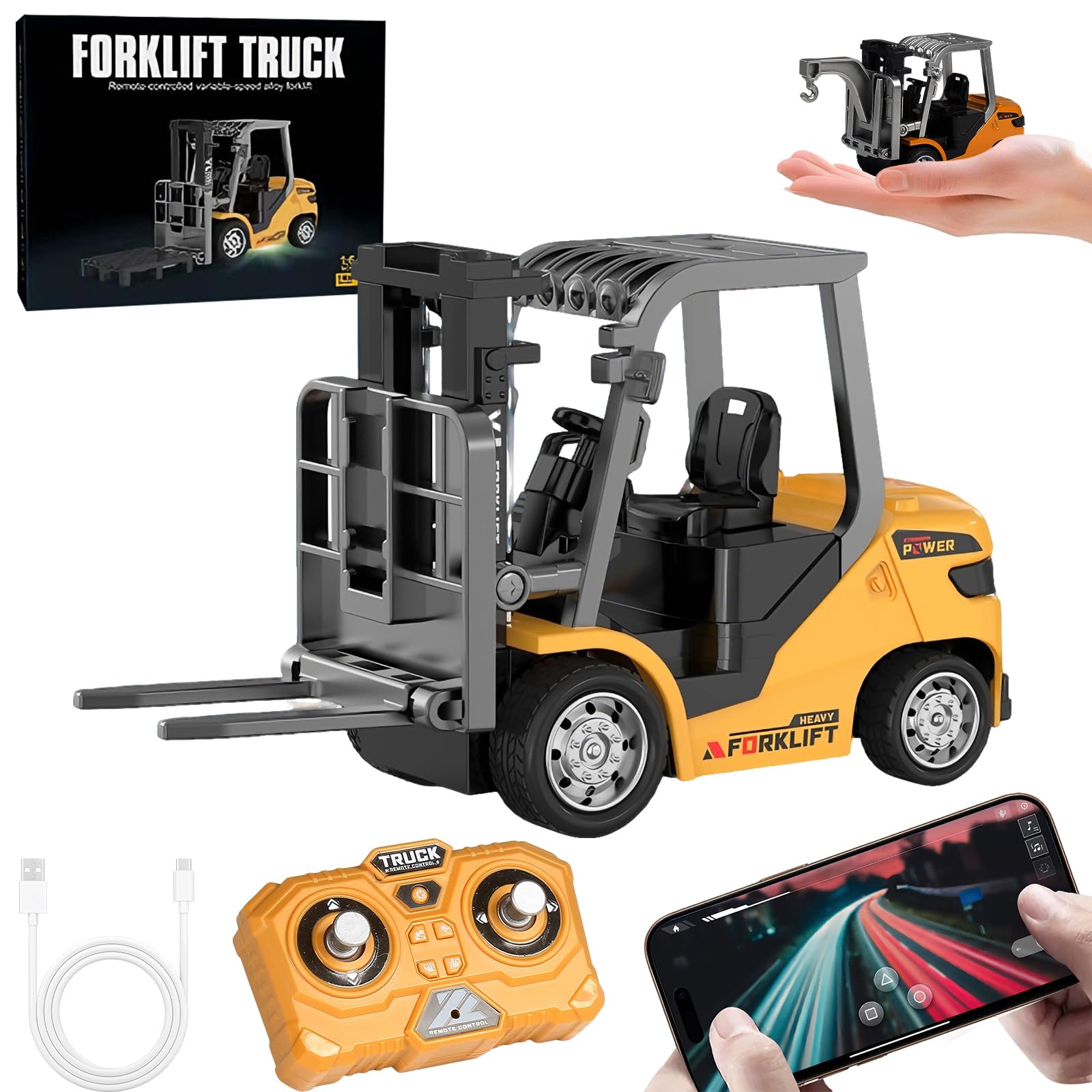 OBEST Mini RC Carretilla Elevadora de Metal, 1:64 2,4 GHz Juguetes para Vehículos de Ingeniería, Paleta/Gancho Colgante, Control de Aplicación, 3 Posiciones de Velocidad, luz y Sonido, Carga USB