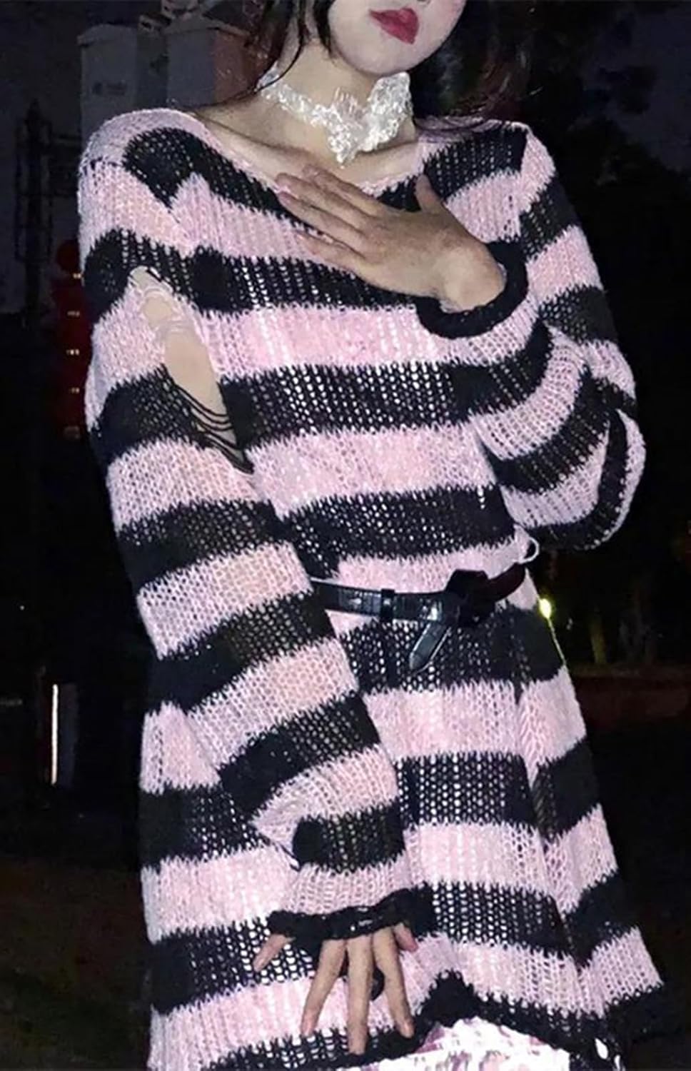 Goth Y2K Striped Sweater Grunge Ripped Punk Gothic Sweaters for Women Harajuku Aesthetic Halloween Pullover Tops - Image 3
