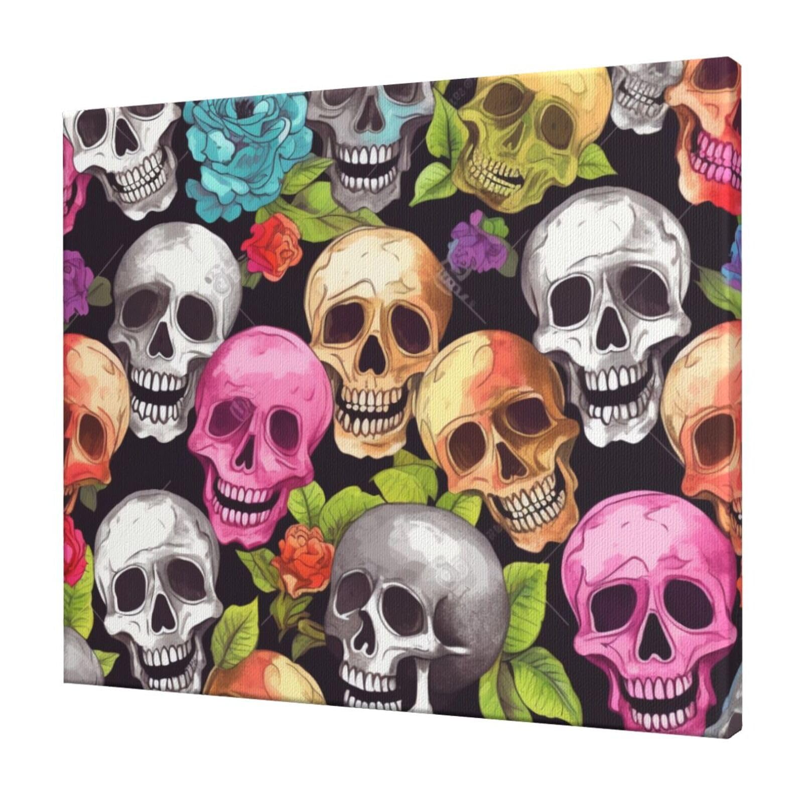 YKLJG color skulls Printed Wall Art Canvas Prints 60x50 CM Wooden Framed Picture Painting Artwork for Bedroom Kitchen Home Office Decor