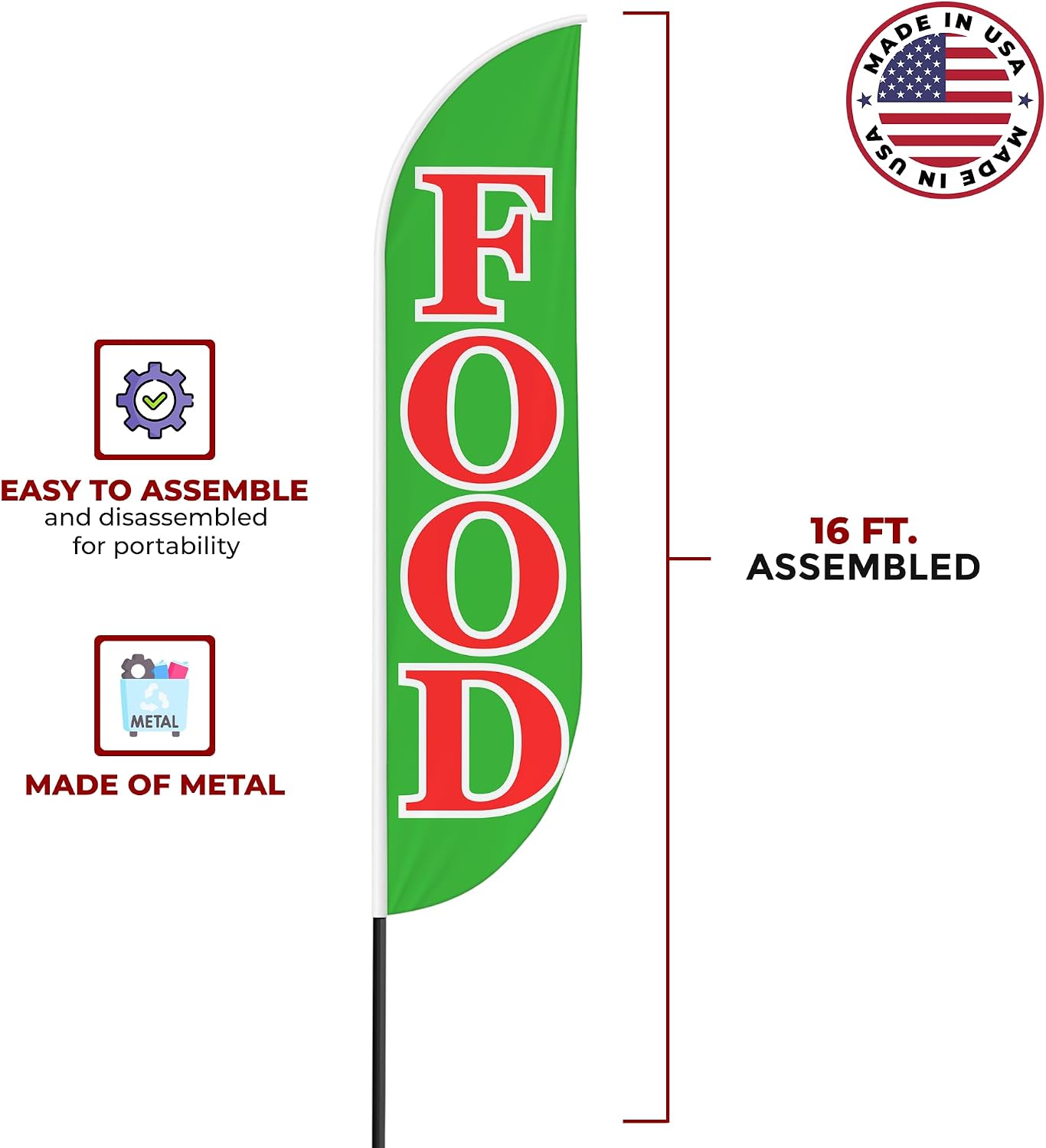 Food Sign feather flag Pole Mount for Outdoor by Mavis Print | 15 FEET Long Polyester Outdoor Banner Flag with Pole Kit for Easy Hang | HD Print Swooper Flag Pole Mount for Food Advertising