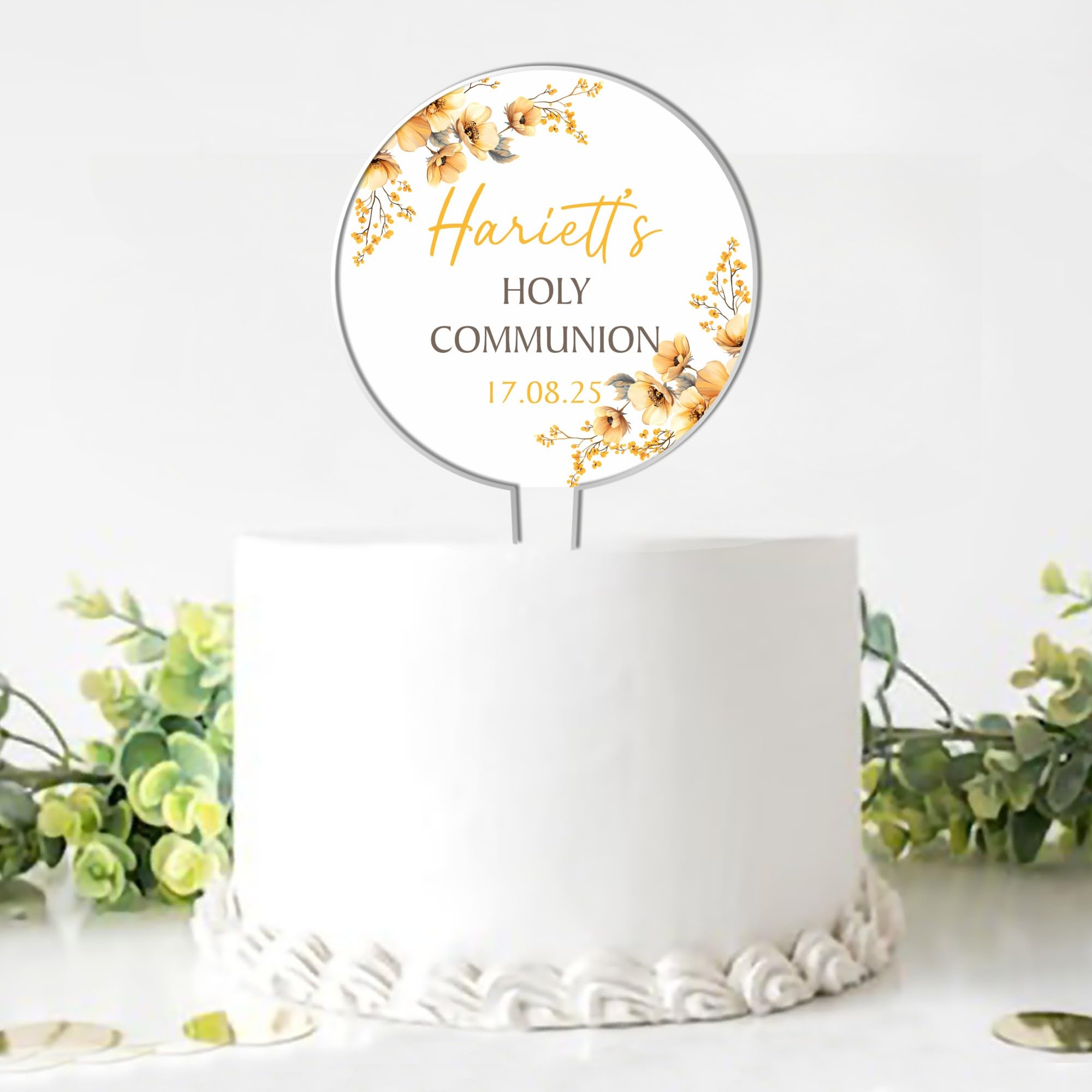 Personalised Floral Acrylic Cake Topper – Custom Child's Name & Date in Blue Pink Yellow for Christening Communion Confirmation Religious Ceremonies (Yellow, Holy Communion)