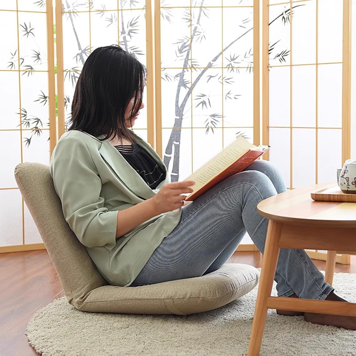Sedia da pavimento pieghevole regolabile con supporto per la schiena, 5 posizioni, ergonomica, per leggere, meditazione e relax a casa, comoda seduta marrone