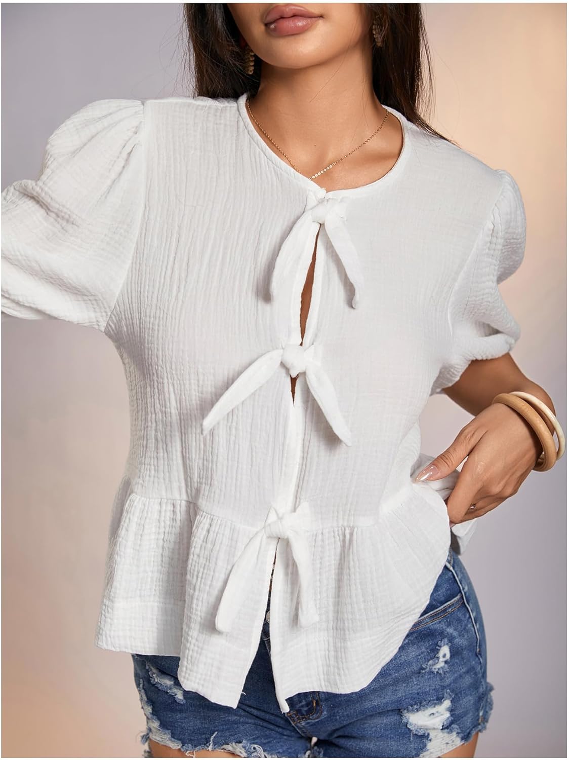 SweatyRocks Women's Bow Peplum Blouse Puff Short Sleeve Tie Front Top - Image 3