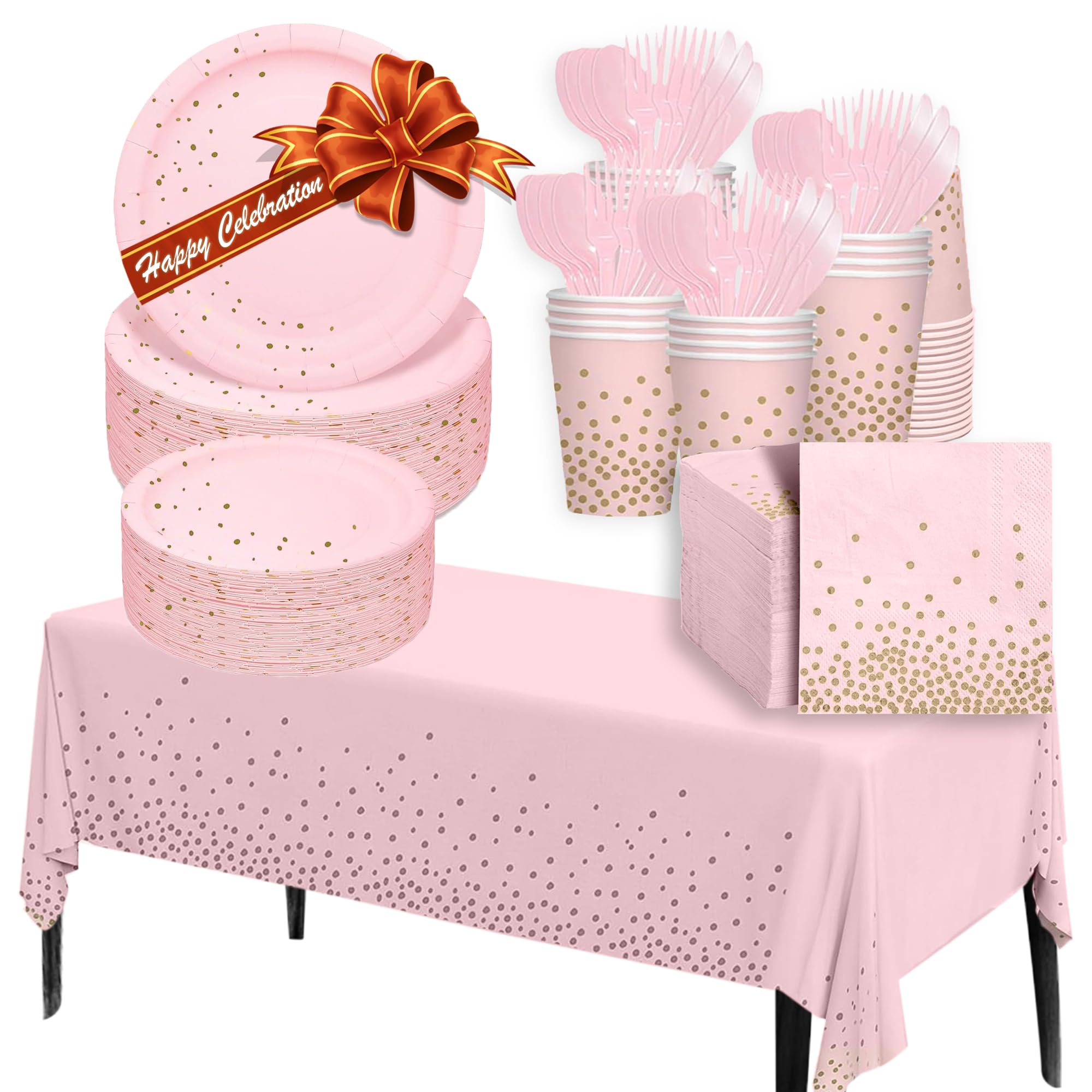 JUBI 211 PCS Pink and Gold Polkadot Party Decorations for 30 Guests - Disposable Pink Paper Dinner Plates, Dessert plates, Napkins, Cups, Cutlery, and Tablecloth for Birthday, Baby Shower, and Holiday