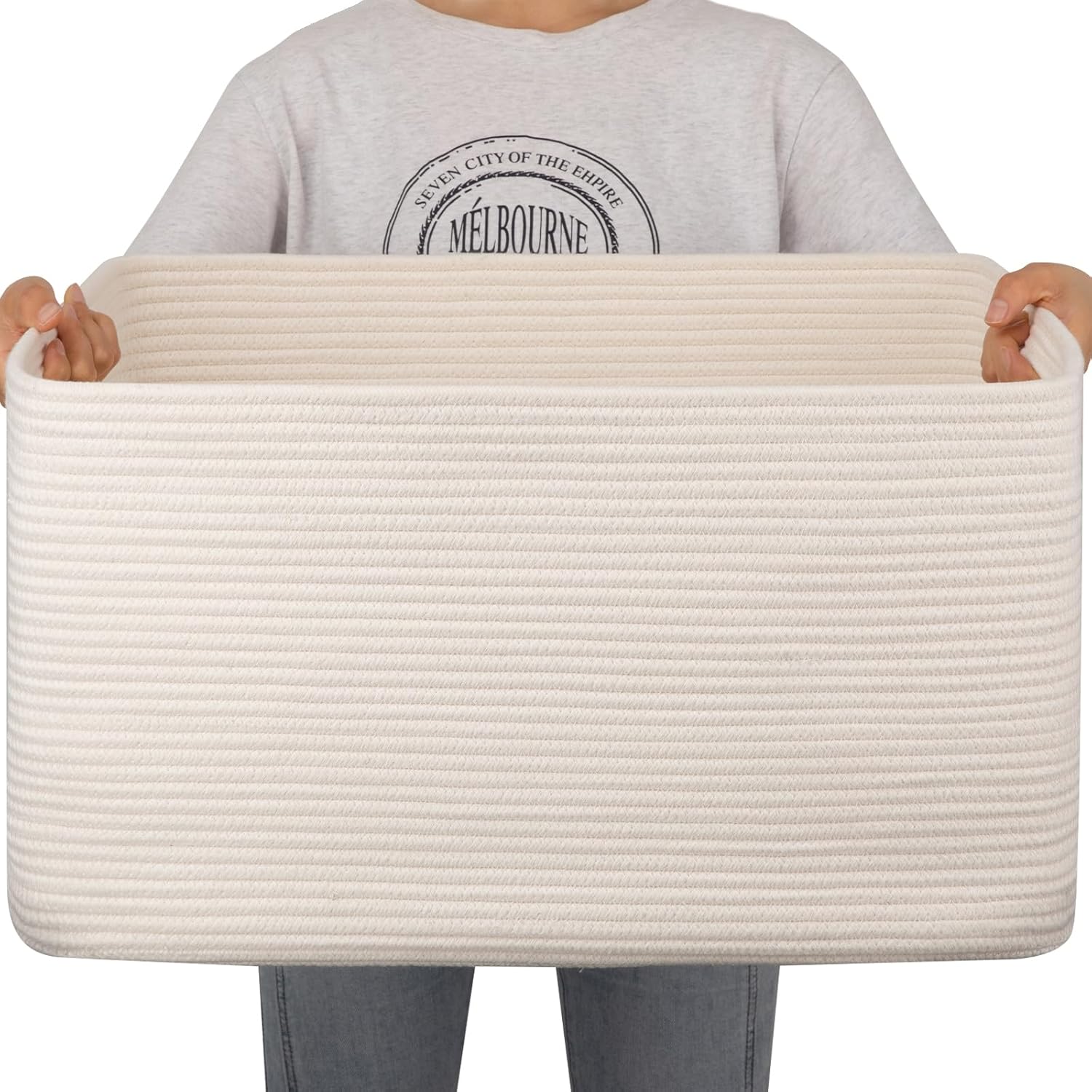 70L Large Blanket Basket, Woven Storage Basket, Toy Basket Bin for Kids, Cotton Rope Basket for Living Room, Nursery, Baby Room Decorative Organizer, White-22" x 17" x 12"