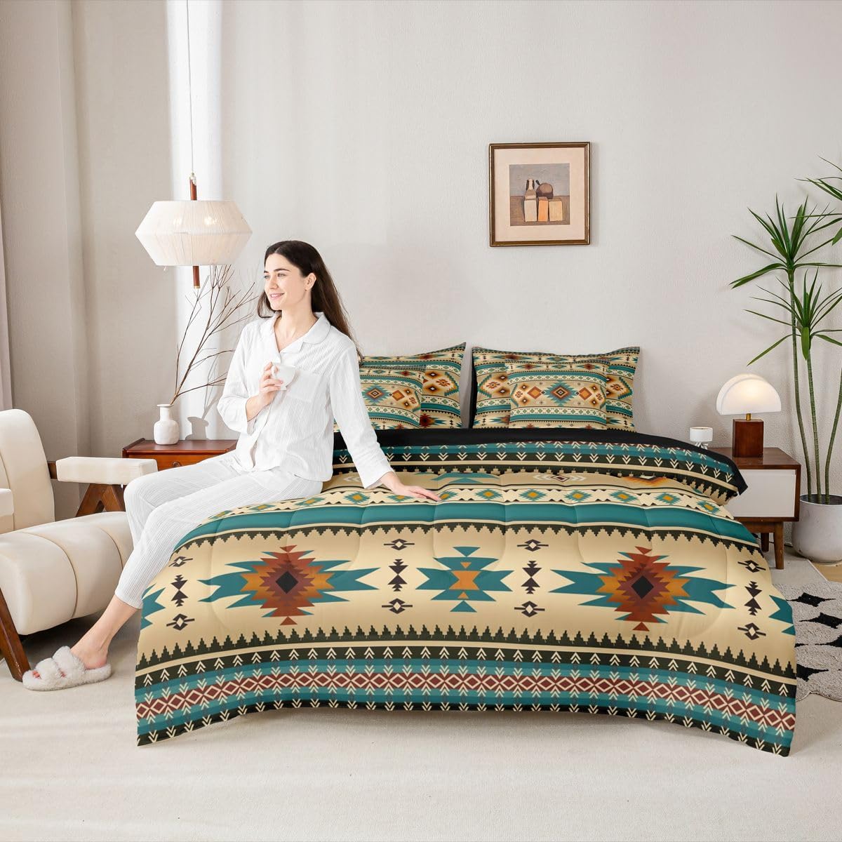 Erosebridal Cowboy Black Orange Blue Aztec Comforter Set Queen Size 7 Pieces | Southwestern Tribal Bed in A Bag Farmhouse Cowgirl Bed Set Adults Bohemian Bedding