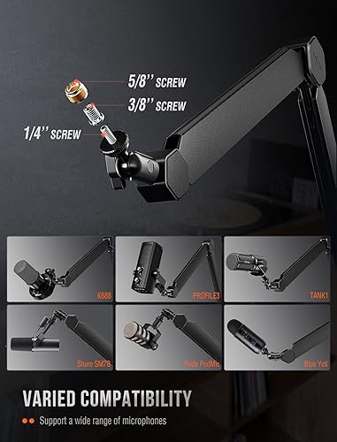 Vista 5 de FIFINE Soporte de brazo para micrófono, brazo de micrófono con abrazadera de escritorio, canales de cable, roscas de 3/8" a 5/8", soporte