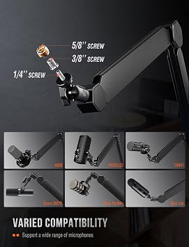 FIFINE Mic Arm Stand, Microphone Boom Arm with Desk Clamp, Cable Channels, 3/8 to 5/8 Threads, Heavy Metal Microphone Stand for Podcast, Vocal Recording, Gaming-BM66 Black