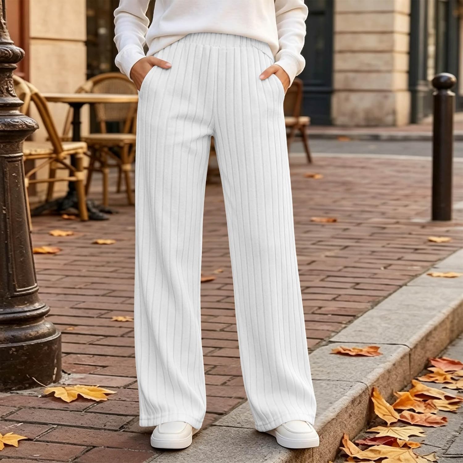 Womens Ribbed Knit Straight Leg Pants Elastic High Waist Trousers