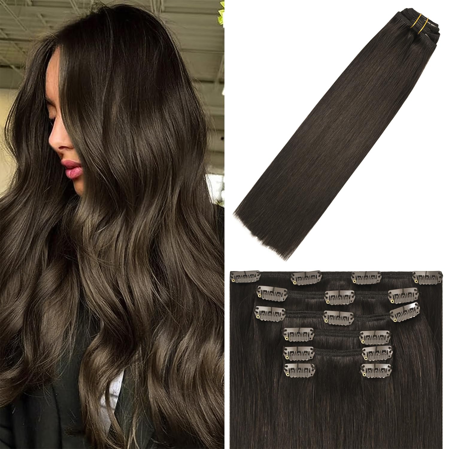 WindTouch Clip In Hair Extensions Real Human Hair Dark Brown Hair Extensions 18Inch 75g #2 7PCS Human Hair Clip in Extensions