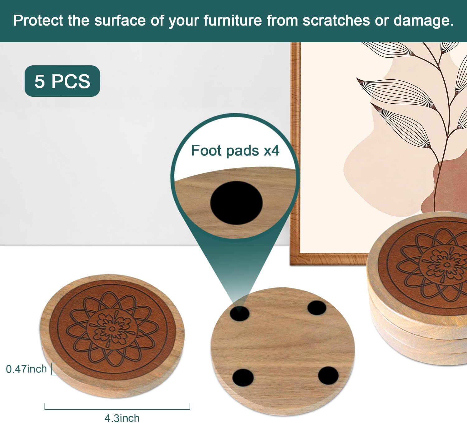 5 Pack Wood Coasters for Drinks, Minacun Absorbent Coaster Set, Drinks Coasters for Coffee Tabletop Protection, Non-Slip, Non-Stick, Suitable for Kinds of Cups Wooden Table Drink, 4.3 Inch Brown - Image 6