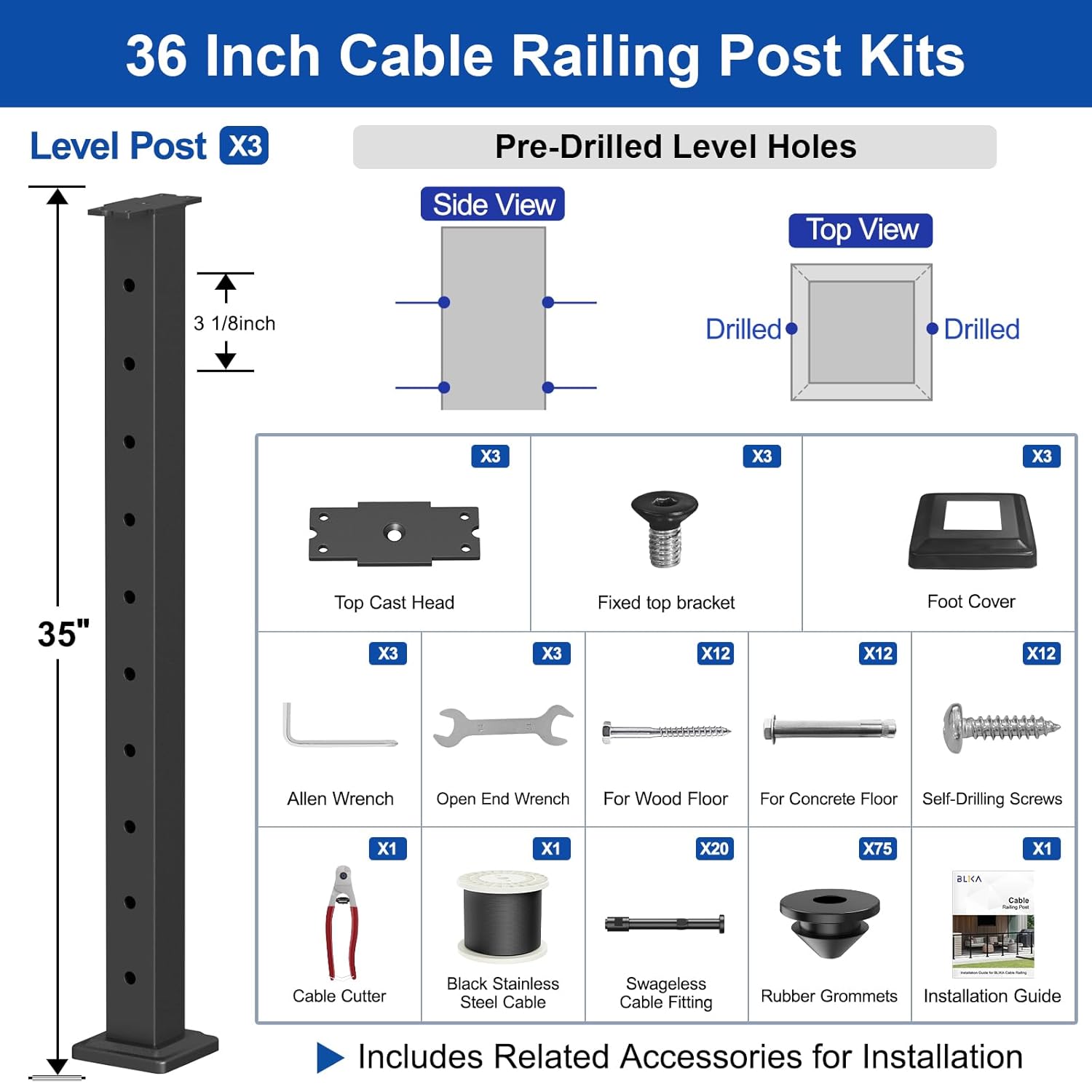 blika 8ft-16ft complete set 36" cable railing post kit, black level drilled deck railing posts, swageless cable railing system include 3pack level posts,1/8" 200ft stainless steel cable(no handrail) 35"x2"x2" 3 level post kit