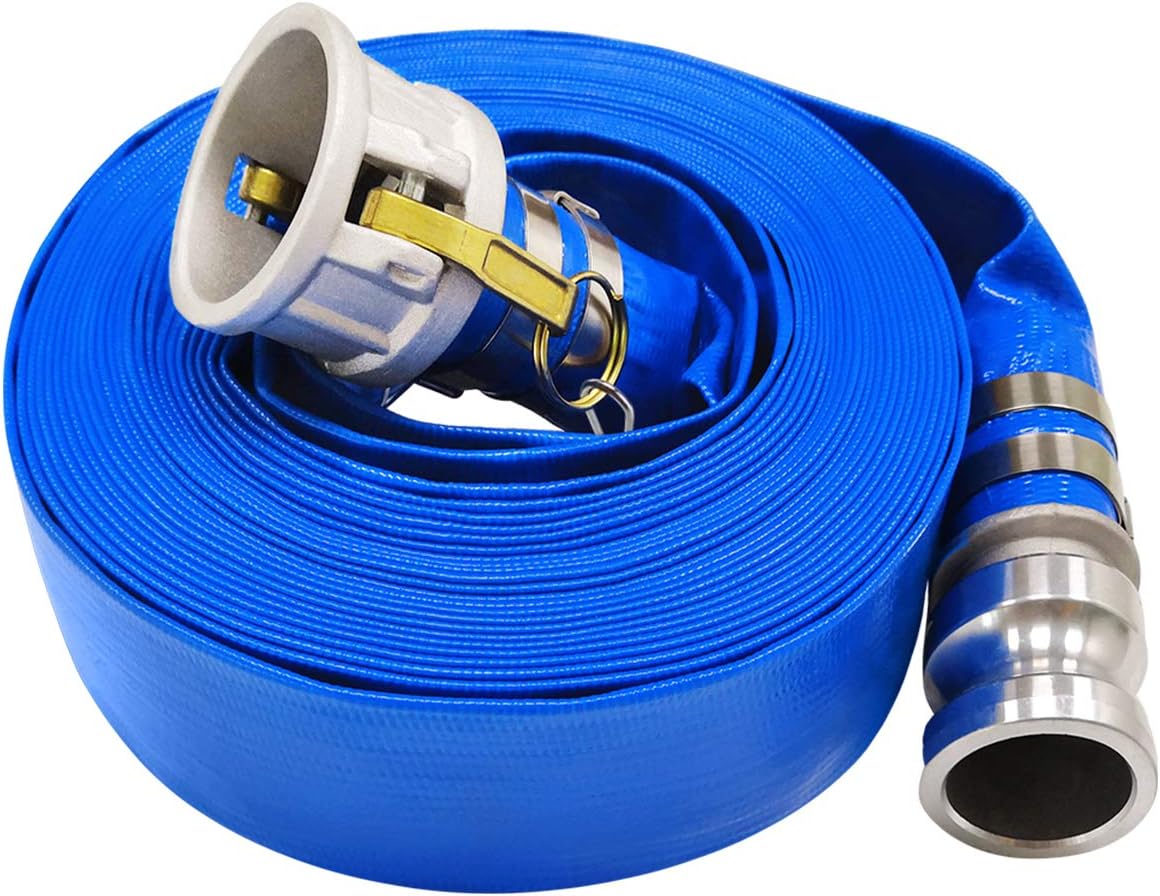 2" x 100' Blue PVC Backwash Hose for Swimming Pools, Heavy Duty Discharge Hose Reinforced Pool Drain Hose with Aluminum Camlock C and E Fittings