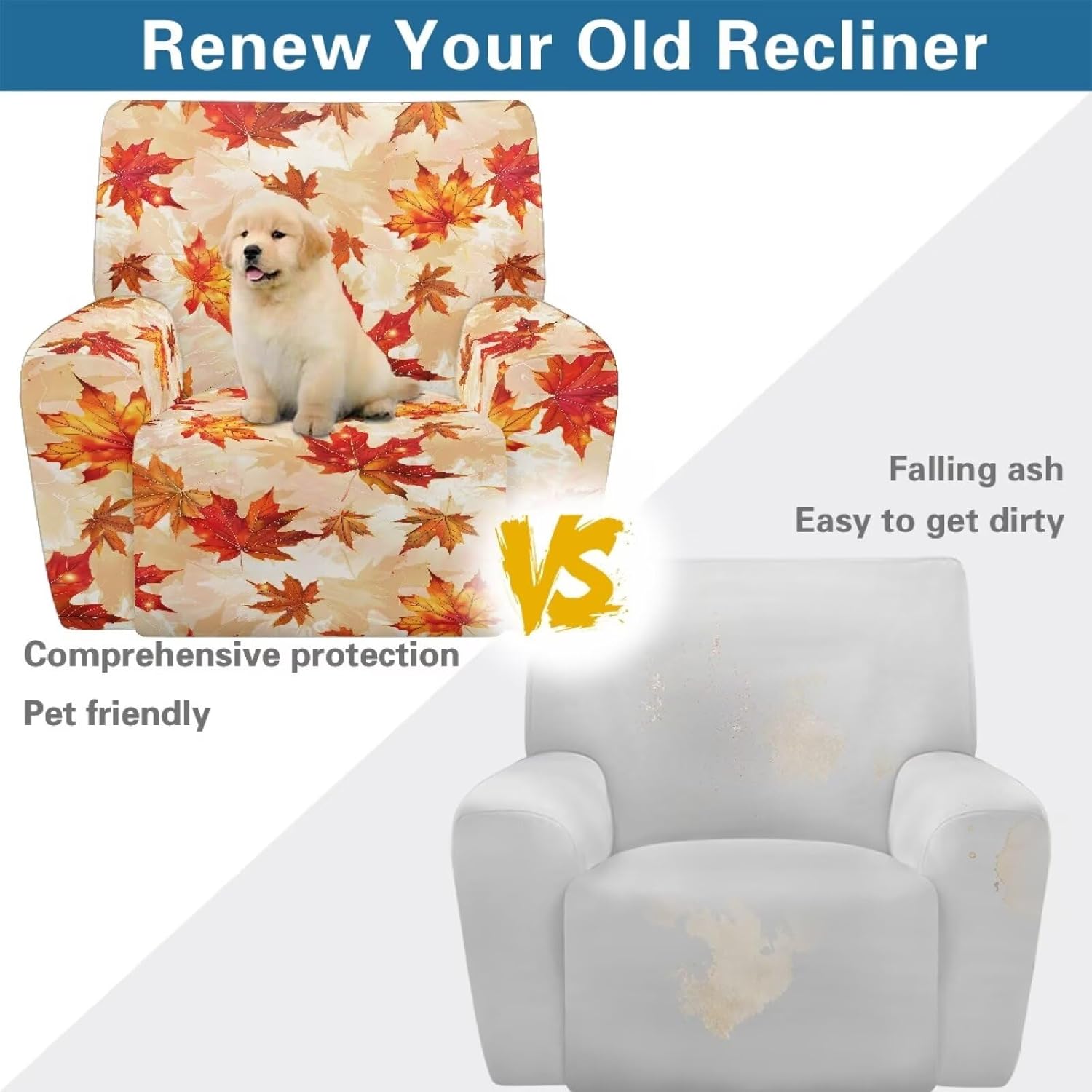 FOR U DESIGNS Fall Maple Leaves Furniture Covers for Recliners 4-Piece Stretch Set with Storage Pockets Washable Recliner Slipcover Protector Stay in Place for Pets