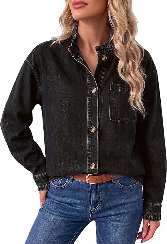Womens Denim Shirt Casual Button Down Long Sleeve Open Front Ruffle Fall Jean Blouses Tops with Chest Pocket