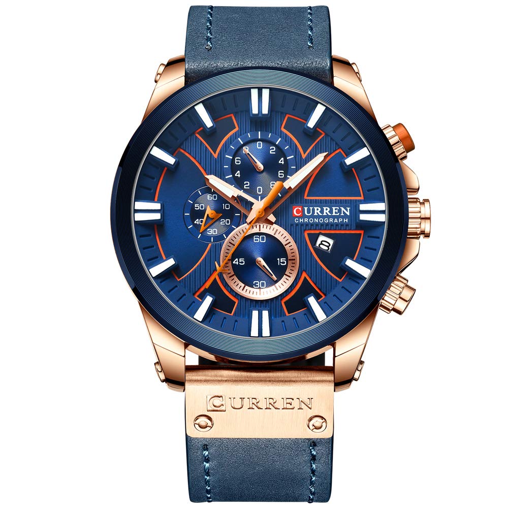CURREN Mens Watches Luxury Chronograph Big Dial Male Watch Wrist Leather Waterproof Sport Army Military rose gold blue