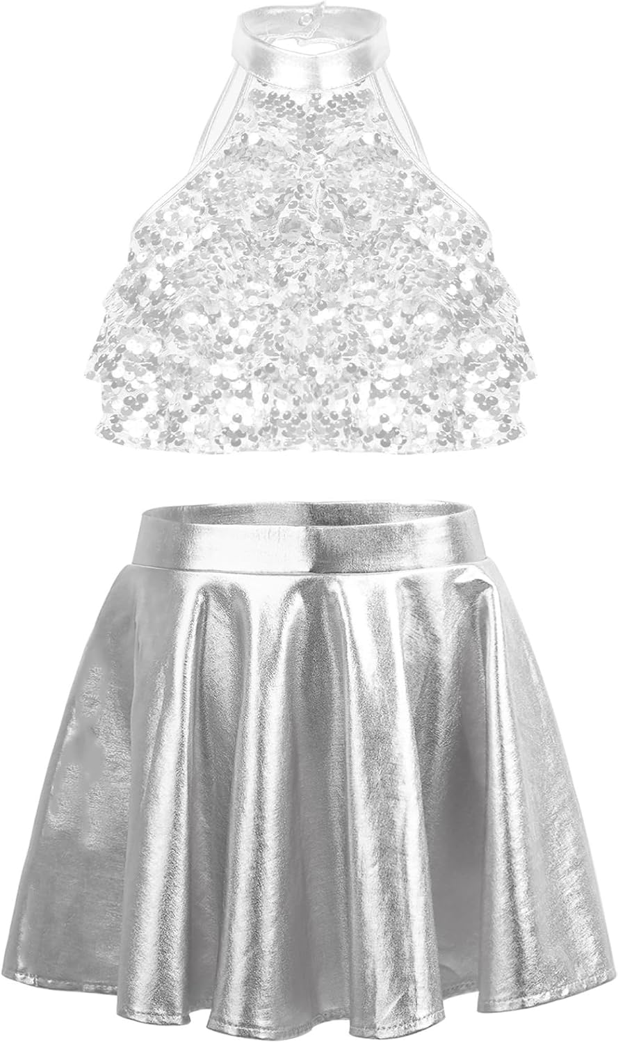 Jugaoge 2 Piece Dance Outfit For Girls Metallic Sequins Crop Top With Skirt Set Jazz Latin Ballroom Silver 16 Years
