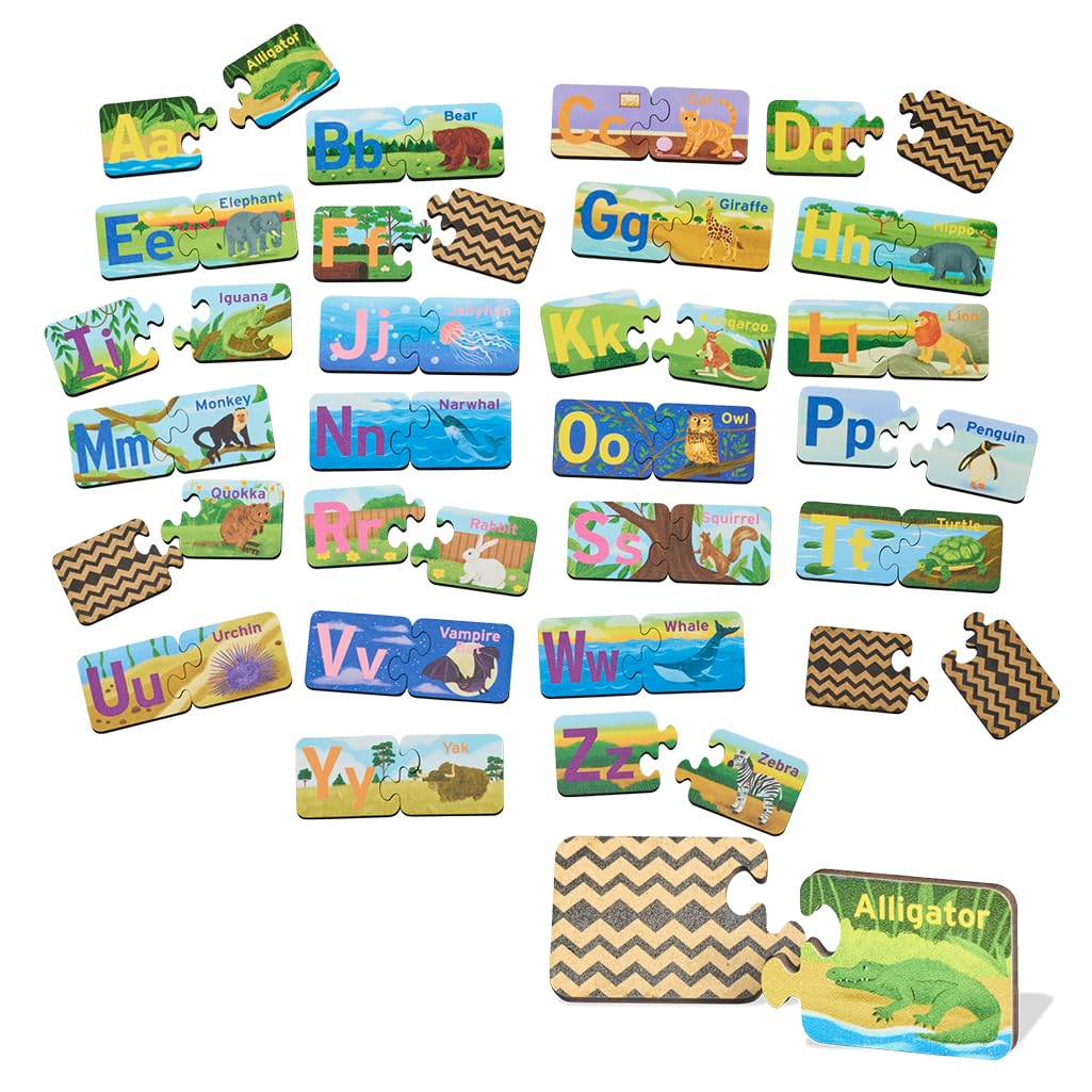Wentworth Wooden Puzzles Animal Alphabet - A to Z Pairs Puzzle 52 Pcs Jigsaw Puzzle, Educational Large Easy to Handle Pieces - Sustainably Sourced Wood & British Made