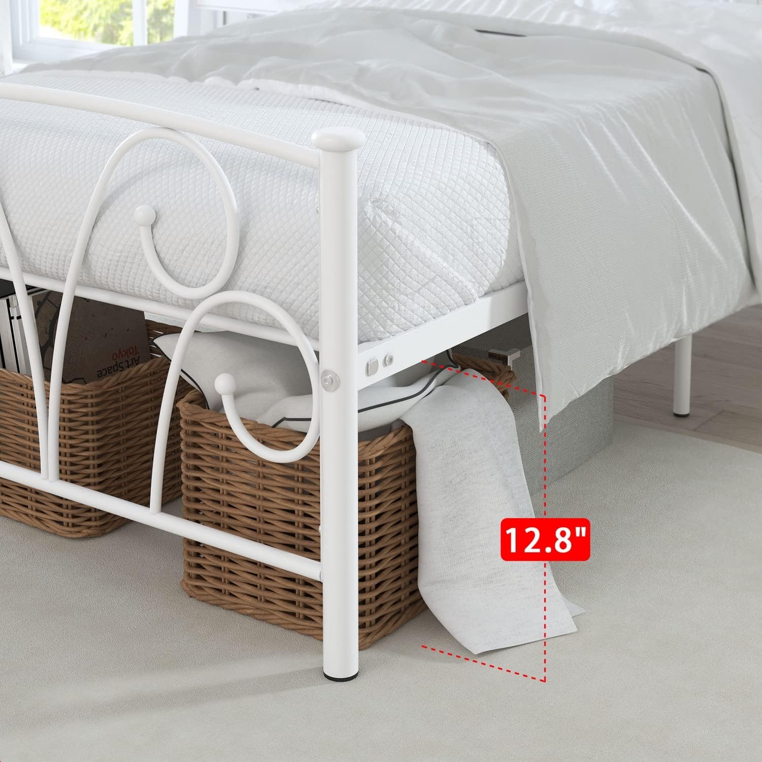Elephance Twin Bed Frame with Headboard, Metal Platform Bed Frame with 12 Inch Storage Space No Box Spring Needed (White) - Image 7