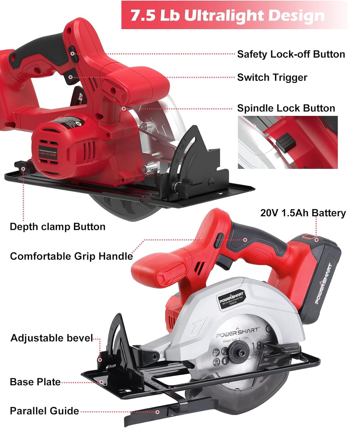 Flаѕh Dеаlѕ - 70% оƒƒ Cordless Circular Saw, PowerSmart 20V 5-1/2 Inch Circular Saw with 1.5Ah Battery and Fast Charger, 3800RPM, Max Cutting Depth 1-5/8”(90°), 1-7/16”(45°)