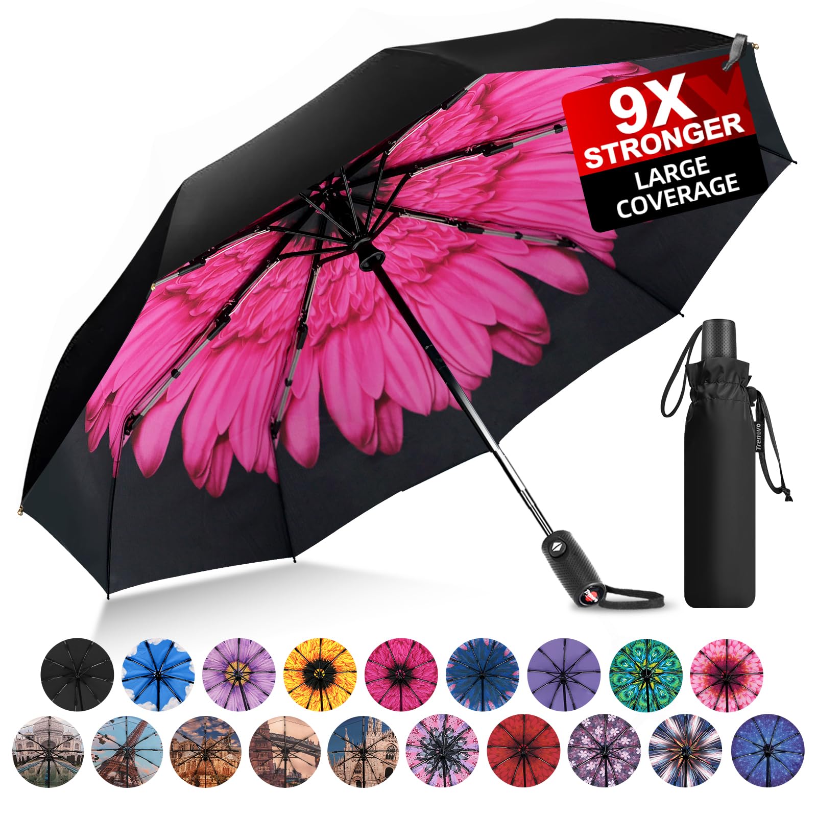 Parapluie de voyage automatique pliable 42 pouces couleur Pêche sucrée robuste
