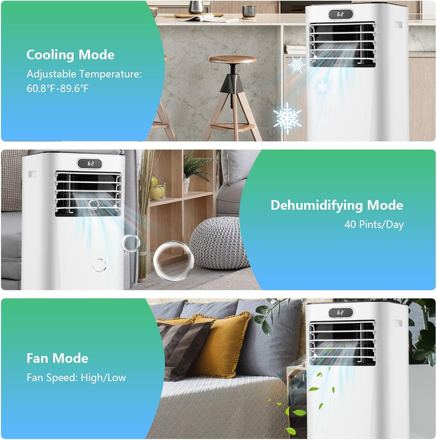 DORTALA Portable Air Conditioner displaying Cooling Mode, Dehumidifying Mode, and Fan Mode.