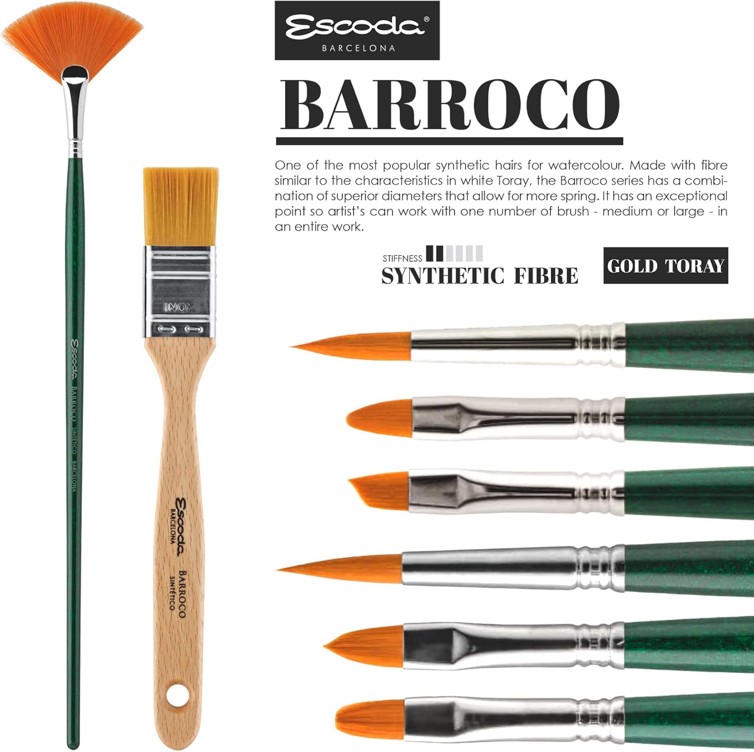 Escoda Barroco Series 1570 Artist Watercolor & Acrylic Paint Brush, Synthetic Gold Taklon Filament, Angle, Size 16